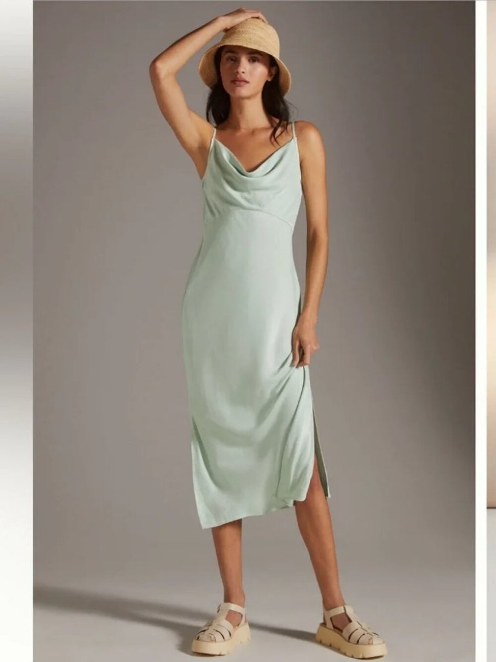ANTHROPOLOGIE Elyse Bias Cut Midi Slip Dress, Mint Green, Size Medium Petite